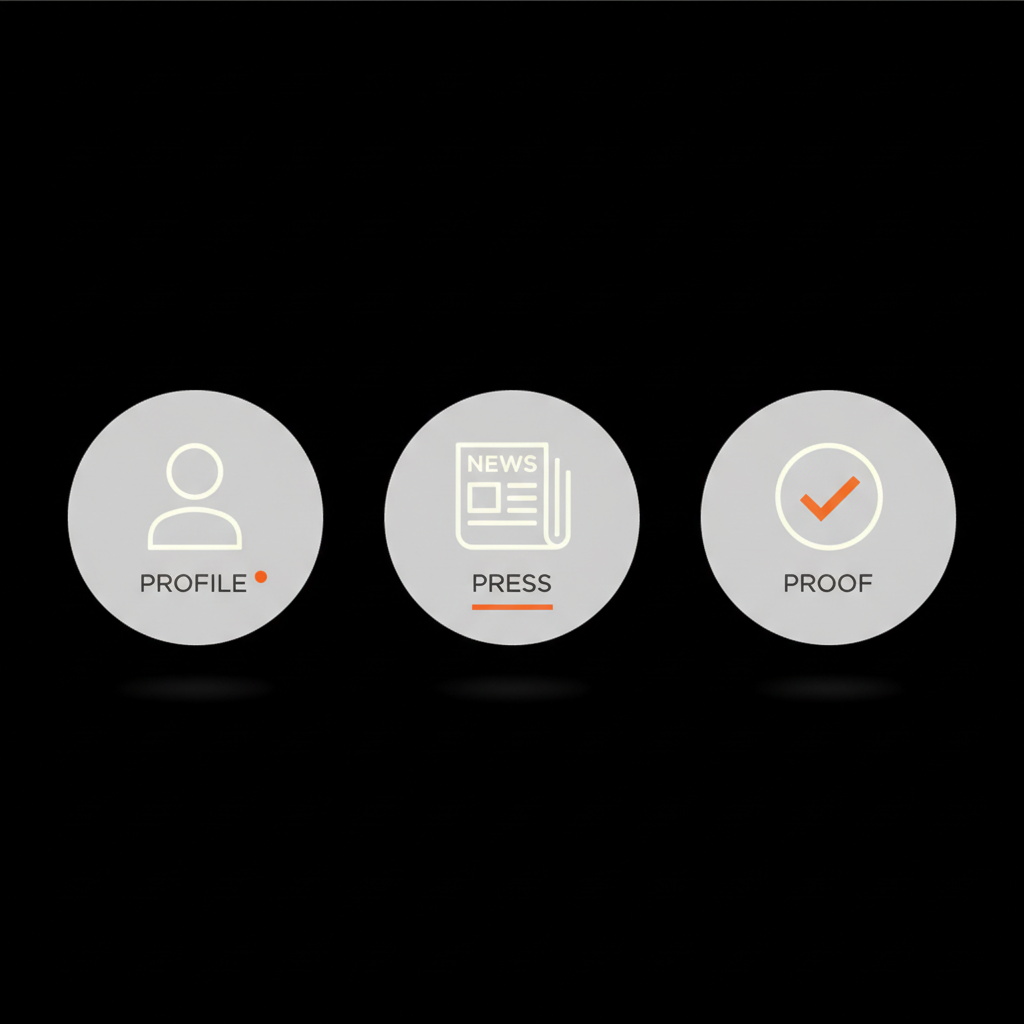 Full-frame minimalist infographic with three vector icons labeled Profile, Press, Proof on black background illustrating steps to Instagram verify my identity