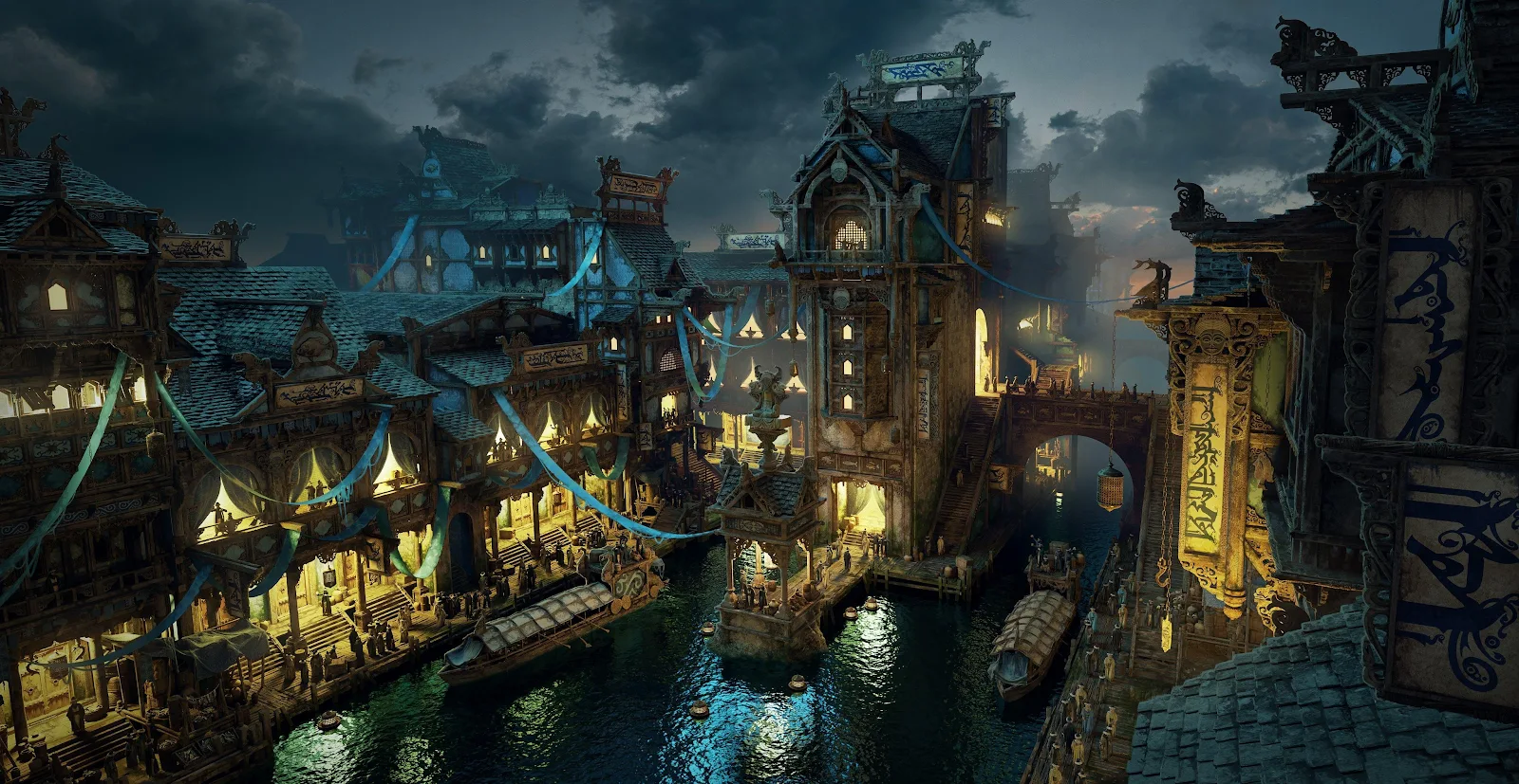 Nordic Fantasy Harbor At Night - Digital Concept Art 2K Wallpaper (4096x2116)