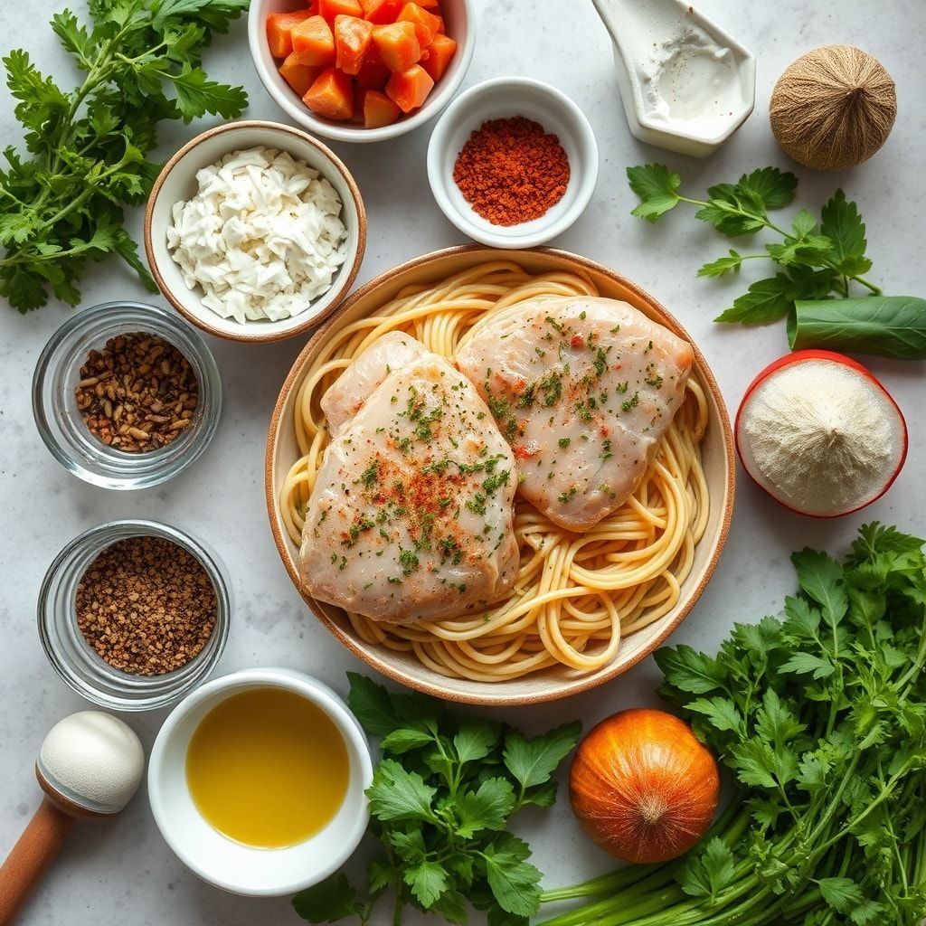 Ingredients for Creamy Pesto Chicken Pasta Bake – Easy Weeknight Comfort Food