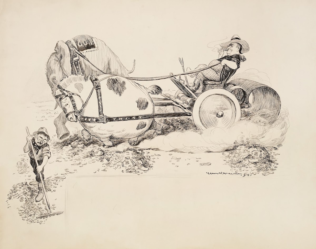 The Republican Party elephant and a fat horse representing the Trusts are hitche