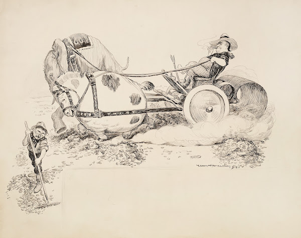 The Republican Party elephant and a fat horse representing the Trusts are hitche