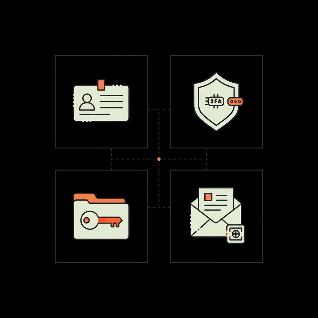 Minimal vector infographic showing a brand toolkit with icons for username, 2FA, password manager, and recovery packet on a black background to illustrate how to log into Facebook by username.