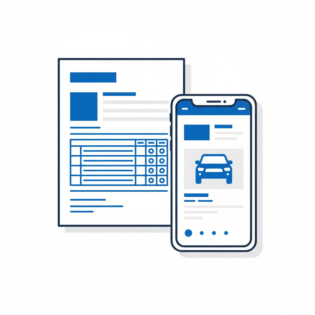 Minimalist 2D vector close shot of a vehicle history report printout beside a smartphone listing tacoma trucks for sale showing stylized service table rows and blue accent icons on white background