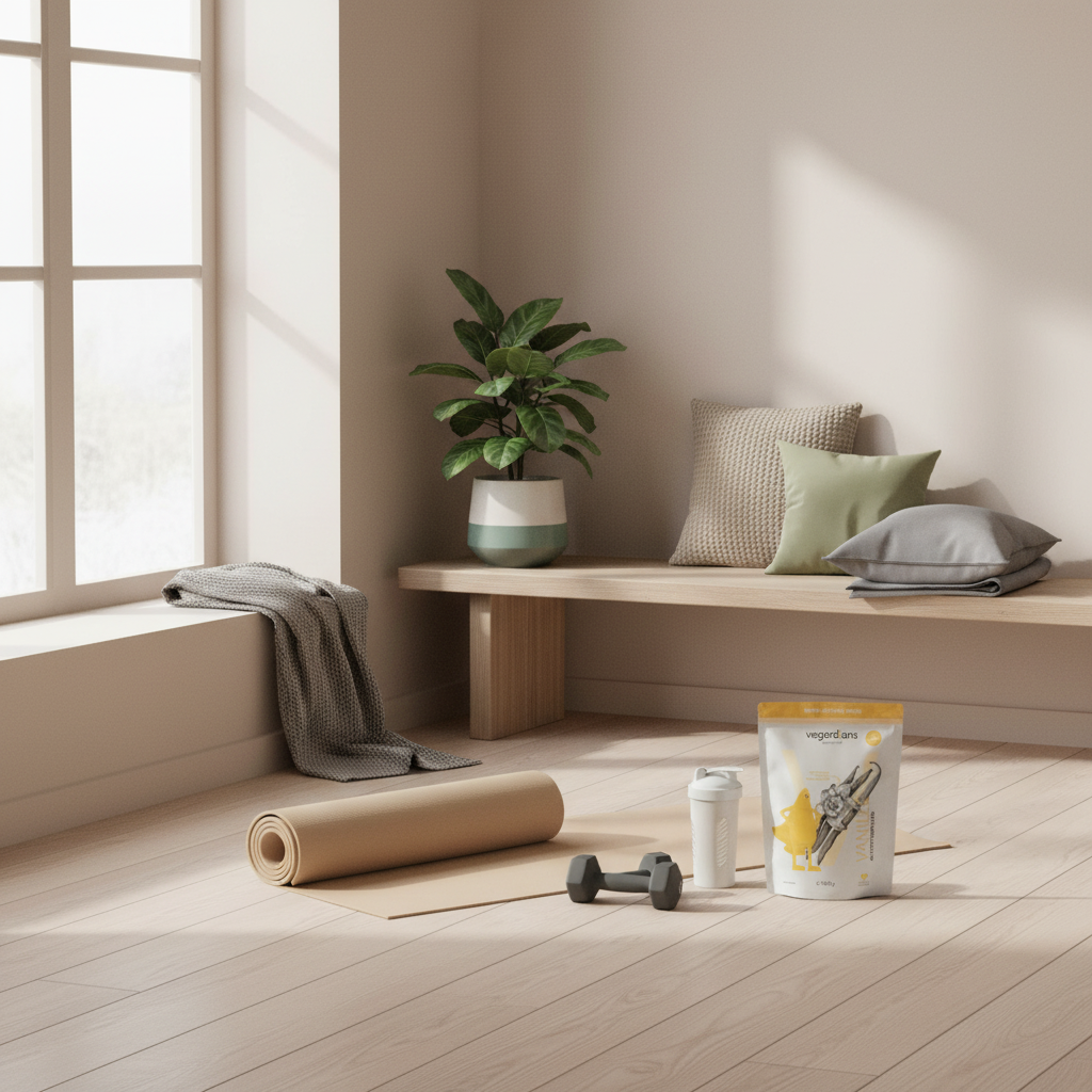 Minimalistische Heimtrainingsszene mit Yogamatte, Kurzhanteln, Shaker und dem Produkt aus den Referenzfotos in einem hellen skandinavischen Wohnzimmer – Trainingspartner finden Inspiration.