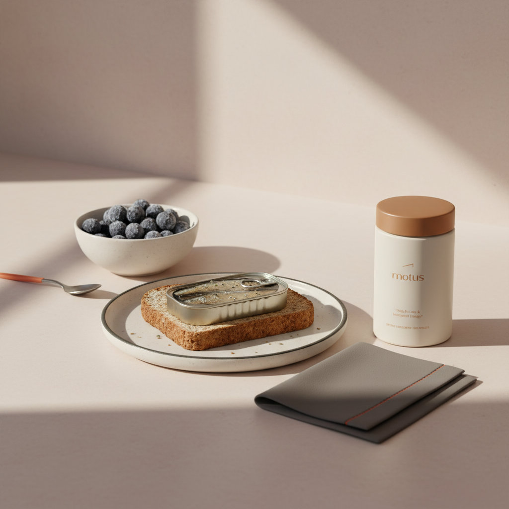 Tonum Nouro jar beside frozen blueberries and sardines on whole-grain toast on a minimalist countertop, highlighting best brain superfoods and balanced nutrition for weight loss.