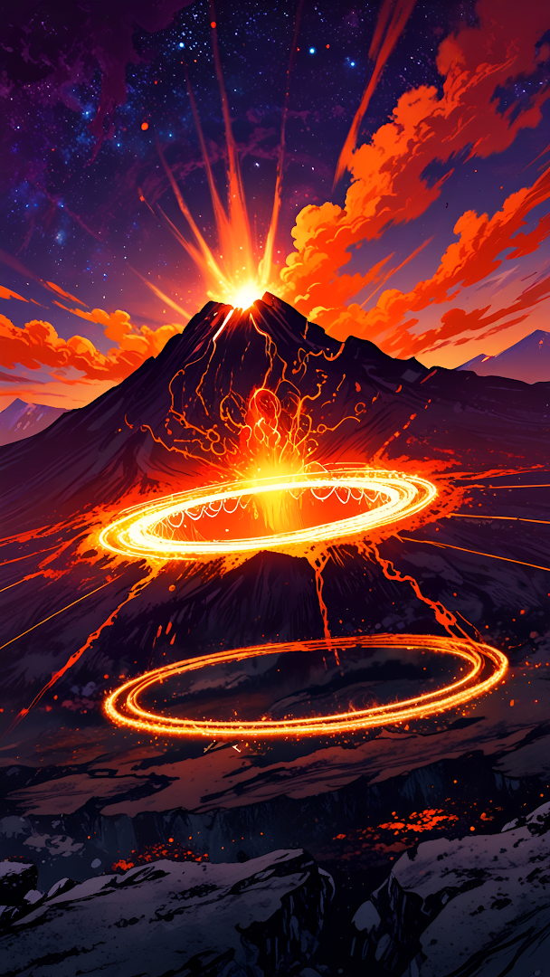 Volcano Erupting with Glowing Rings Under Starry Sky