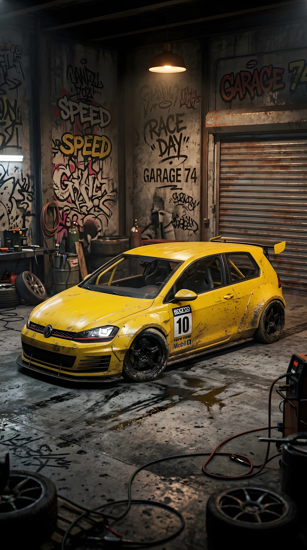 Wide-Body Yellow Compact Performance Car in Gritty Urban Garage Environment - Free 4K mobile Wallpaper