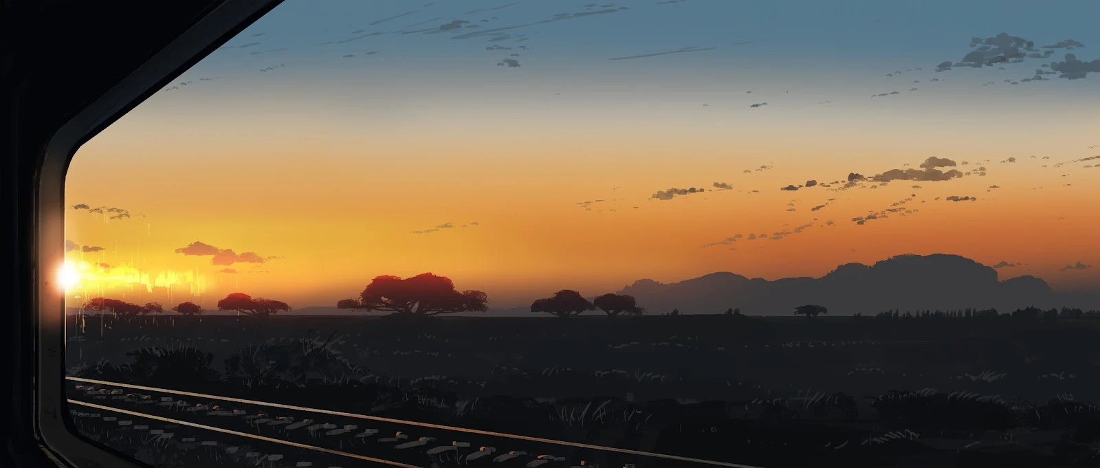 Sunset View From Train Window - Digital Illustration 4K Wallpaper (5640x2400)
