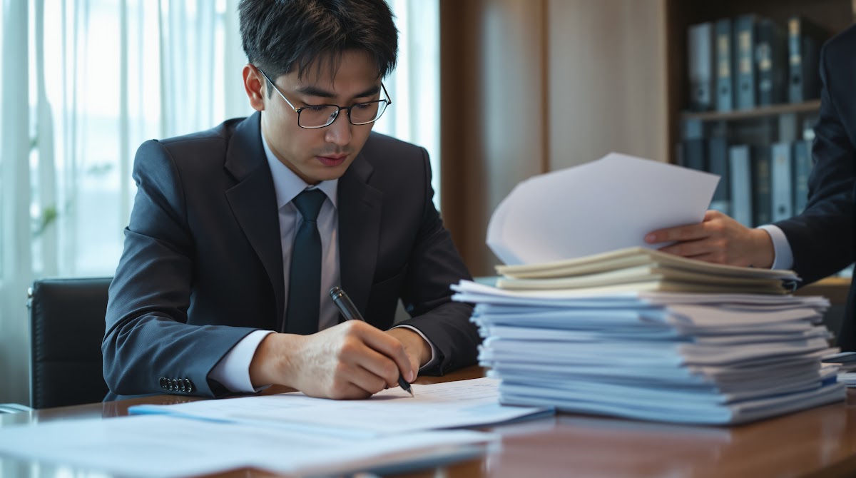 국가유공자 등급 판정 결과에 불복하는 실제 사례 현장. 신청자와 <strong>변호사</strong>가 판정 이의신청서와 판례 자료를 검토하며, 등급 조정 소송 전략을 세우고, 보훈청 담당자와 공식 미팅을 진행하는 모습