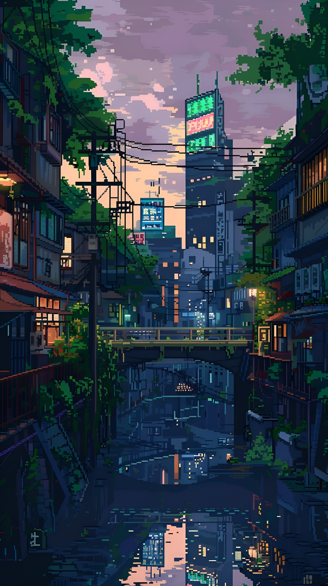 Pixel Art Japanese City Canal Sunset Reflection - Free 4K mobile Wallpaper