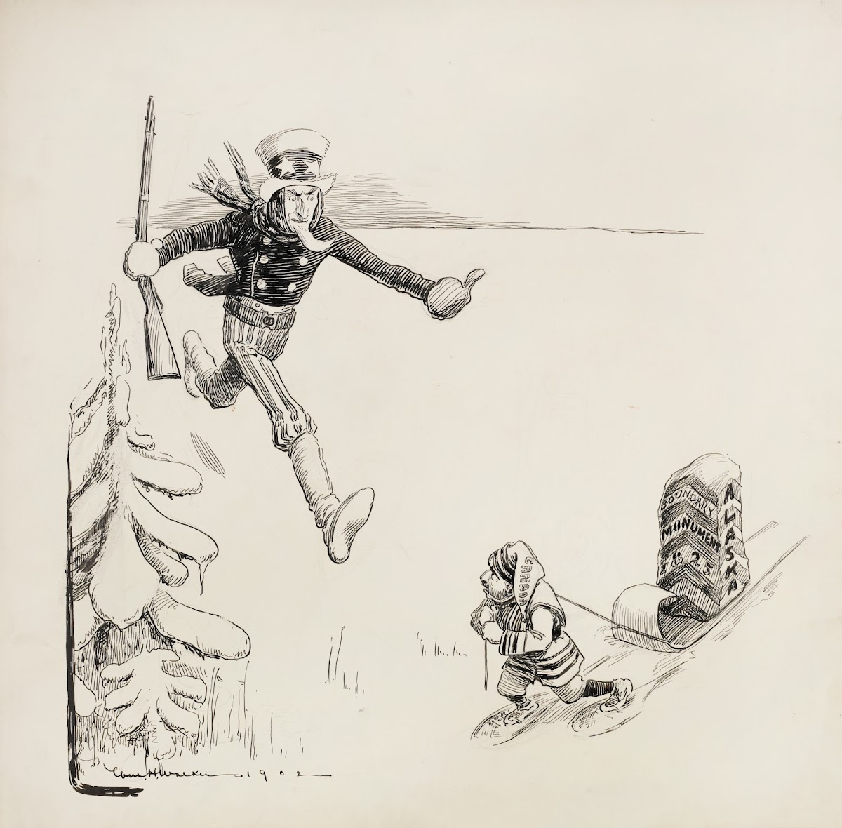 Uncle Sam runs to stop a small man representing Canada who is moving the 1825 Al