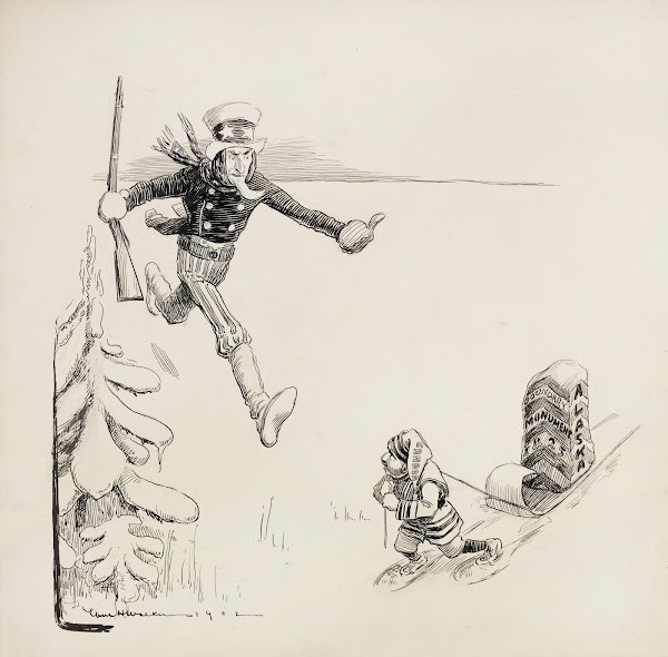Uncle Sam runs to stop a small man representing Canada who is moving the 1825 Al