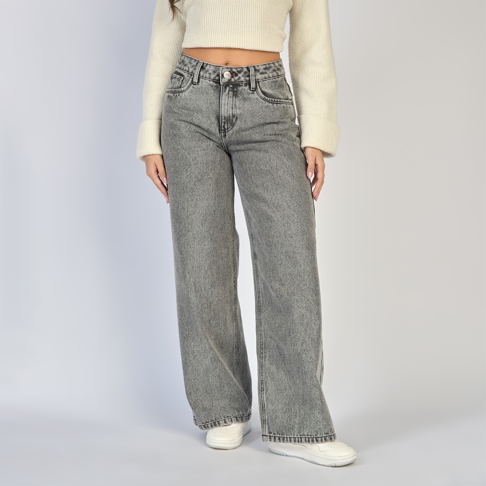 Jean dama wide leg tiro alto rígido, color Gris medio - Vista 2