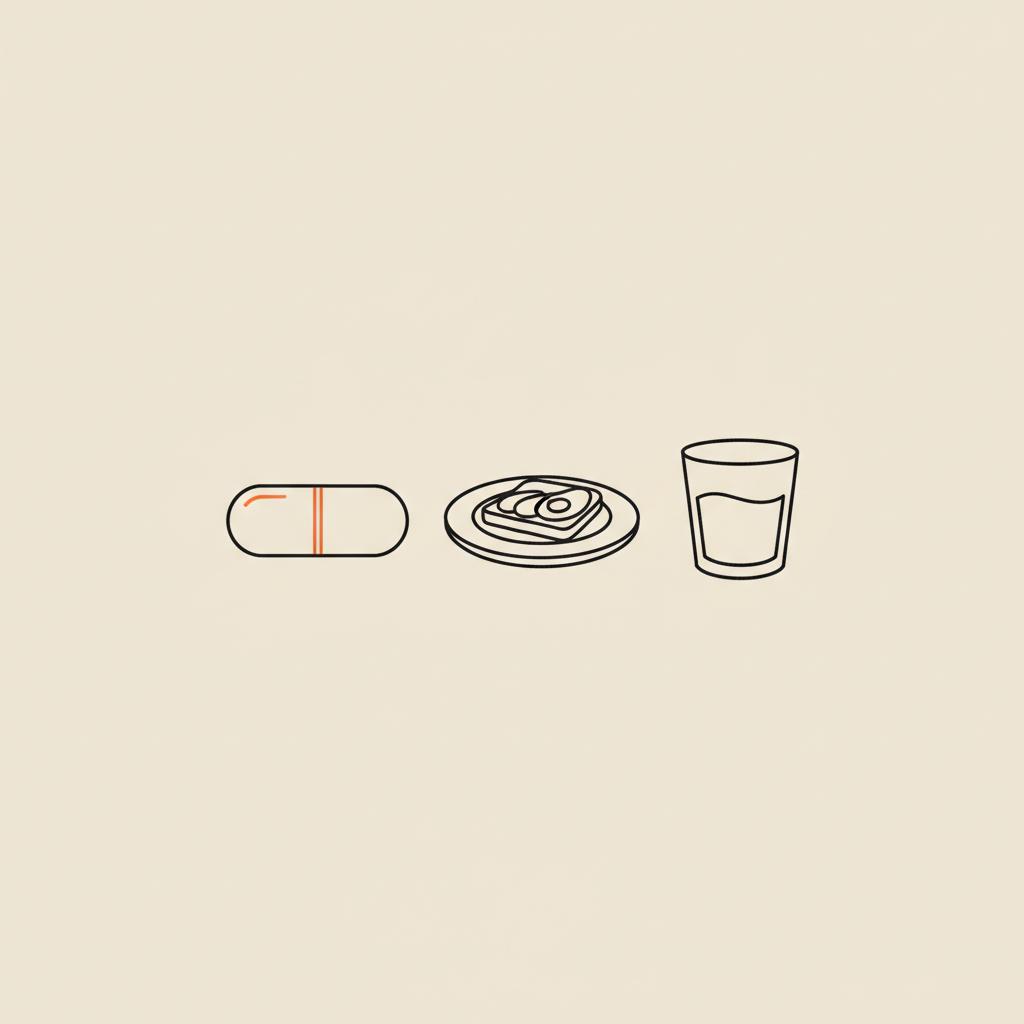 Minimal Tonum-style line illustration of a capsule, a small plate with a modest food portion, and a water glass on a flat beige background — who should avoid chromium