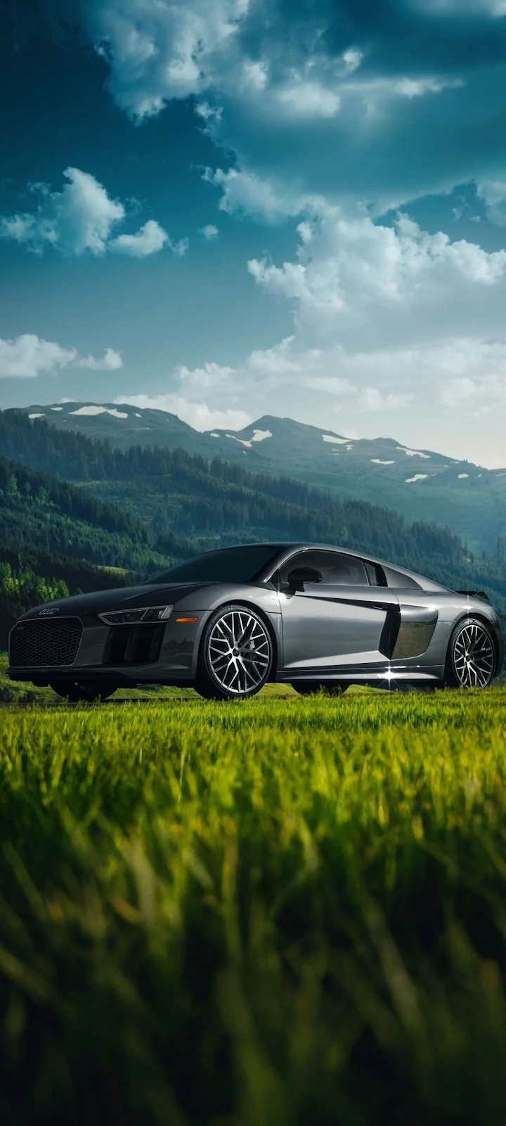 Grey Audi R8 in Mountains - Automotive Photography iPhone Wallpaper (1032x2293)