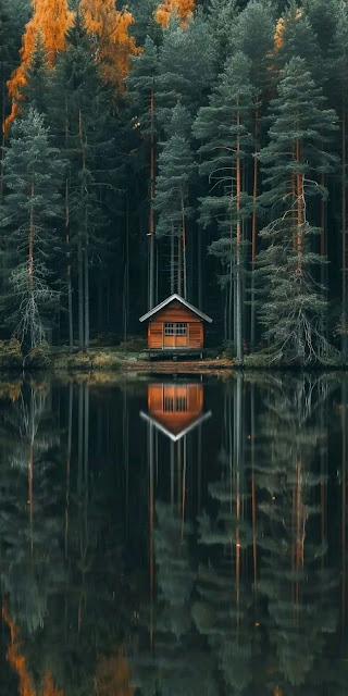 Secluded Forest Cabin Reflected in Still Autumn Lake Water - Free mobile Wallpaper