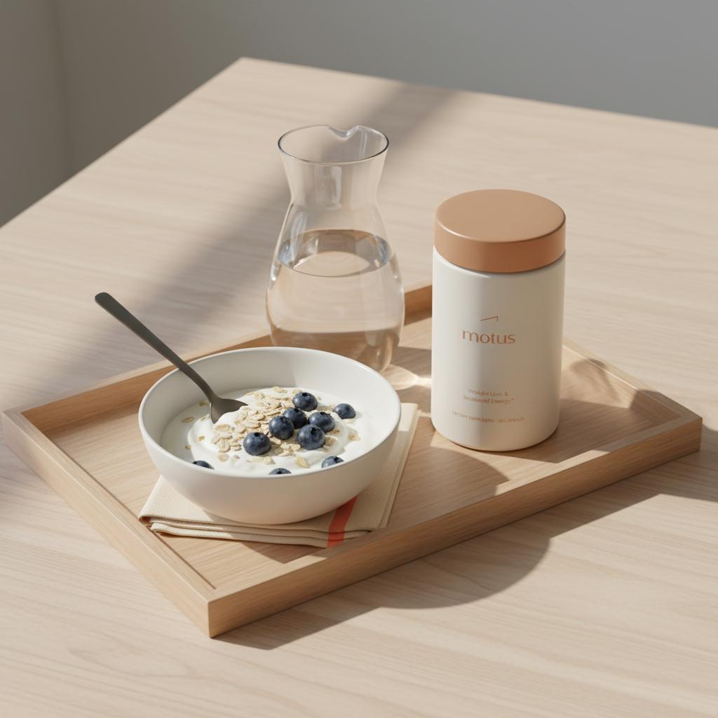Minimalist breakfast tray with Motus container, Greek yogurt with oats and blueberries, and water to illustrate ways to suppress appetite in a healthy morning routine.