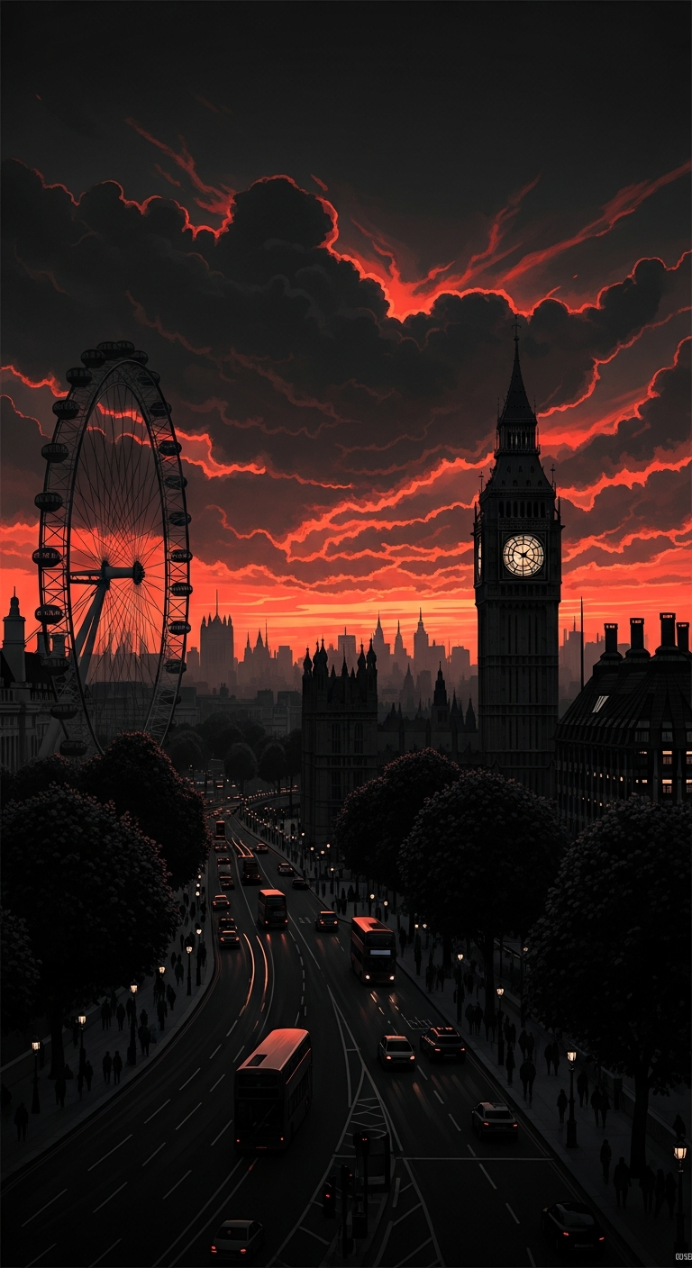 Dramatic Dark and Moody London Cityscape with Ferris Wheel and Elizabeth Tower at Sunset - Free 4K mobile Wallpaper