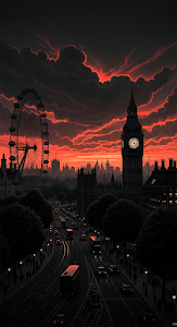 Dramatic Dark and Moody London Cityscape with Ferris Wheel and Elizabeth Tower at Sunset
