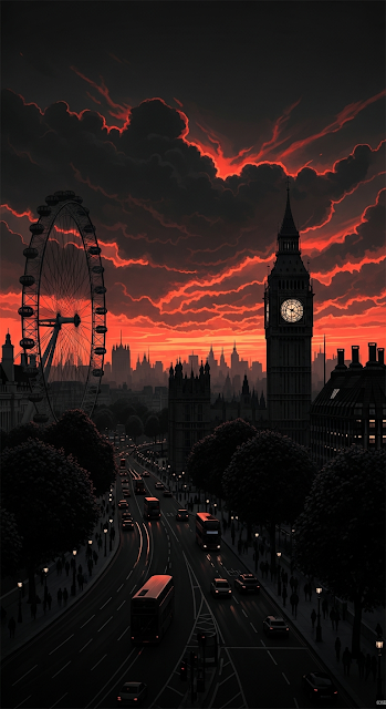 Dramatic Dark and Moody London Cityscape with Ferris Wheel and Elizabeth Tower at Sunset - Free mobile Wallpaper