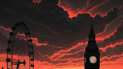 Dramatic Dark and Moody London Cityscape with Ferris Wheel and Elizabeth Tower at Sunset