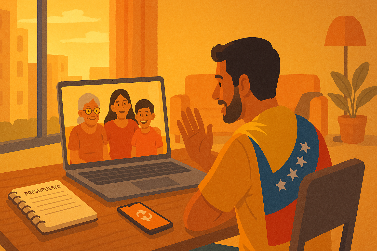 Familia venezolana recibiendo apoyo y planificando remesas desde el exterior
