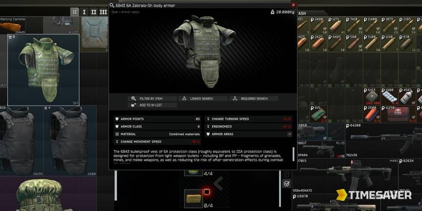 Best heavy armor Tarkov — 6B43 Zabralo-Sh Class 6 full-coverage body armor in the EFT inventory