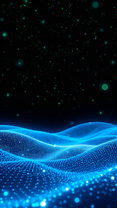 Blue Particle Wave Digital Landscape with Green Stars