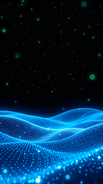 Blue Particle Wave Digital Landscape with Green Stars - Free mobile Wallpaper