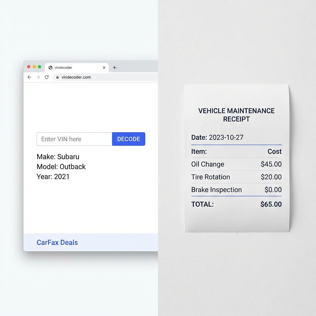 Split full frame image showing a kelley blue book vin lookup webpage on the left and a printed vehicle maintenance receipt on the right on a clean white background with CarFax Deals blue accents