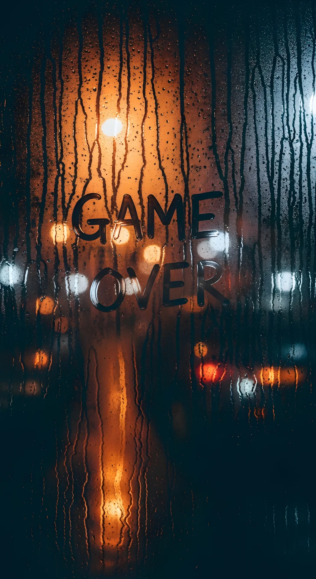 Rainy Window Game Over Text City Lights Bokeh - Free 4K mobile Wallpaper