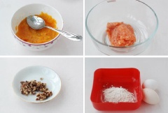 Chuẩn bị bột mì, trứng. Đập trứng vào bát cá hồi, đánh đều. Lần lượt cho bí ngô, nấm hương, bơ, vừng, bột vào đánh nhuyễn. Cuối cùng nêm chút muối cho vừa.
