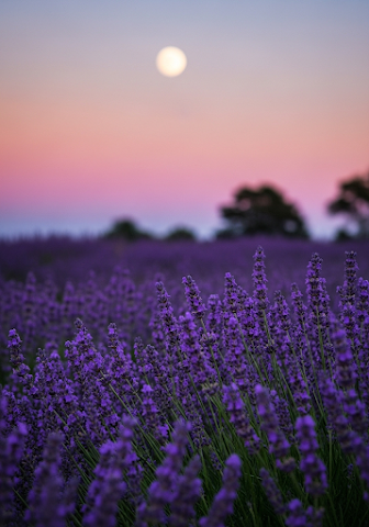 Lavender Field Under Twilight Moon