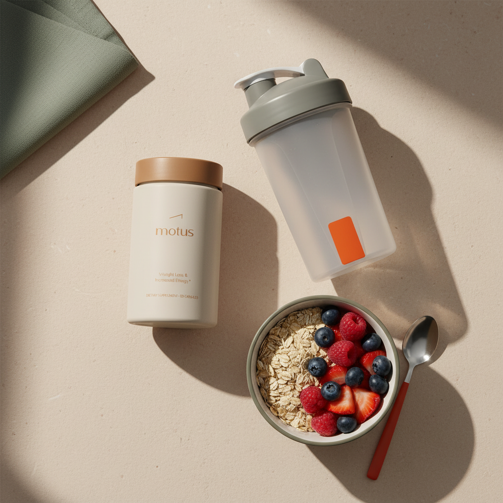 Top-down flat-lay of Tonum Motus jar, shaker, oats bowl and berries on a #F2E5D5 background, suggesting protein powder shakes help you lose weight