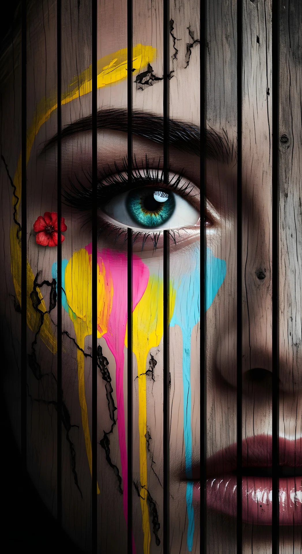 Surreal Portrait Woman Eye Paint Drips Wood Slats Texture Art - Free 4K mobile Wallpaper