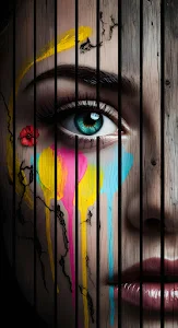 Surreal Portrait Woman Eye Paint Drips Wood Slats Texture Art