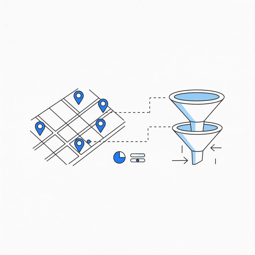 Minimal vector sketch of a local map with neighborhood pins connected by dashed lines to a marketing funnel, illustrating lead flow for google ads for realtors.