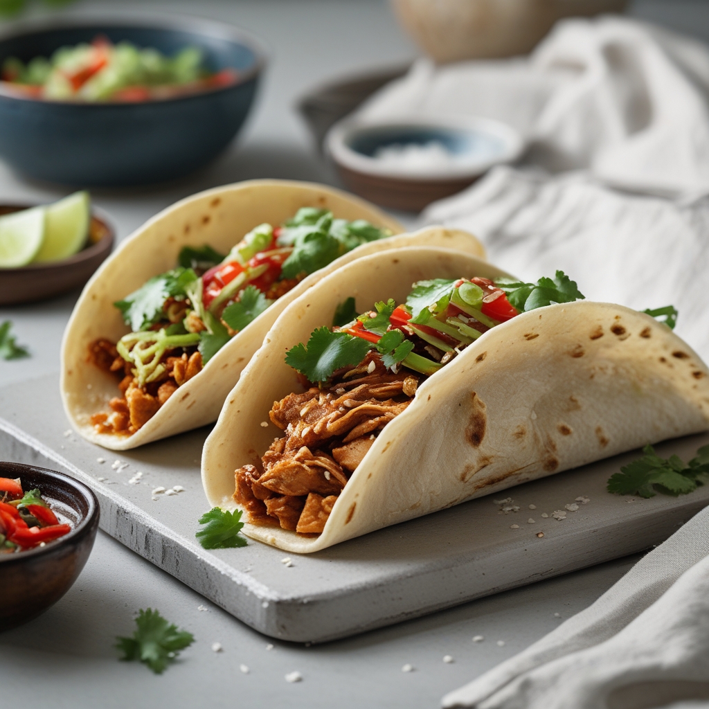 Double-Fried Korean Chicken Tacos with Gochujang Slaw & Sesame Crema