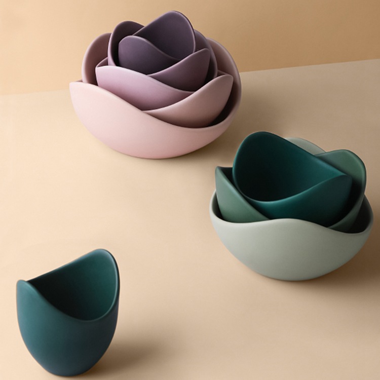 Ceramic Bowl Set, Lotus Shape, Muted Colors