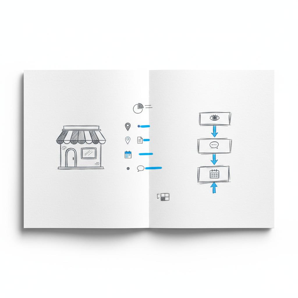 Notebook sketch showing a storefront icon, list of neighborhood post idea icons, and a three-stage funnel indicated by icons, accented in #1a5bfb &mdash; Nextdoor free advertising