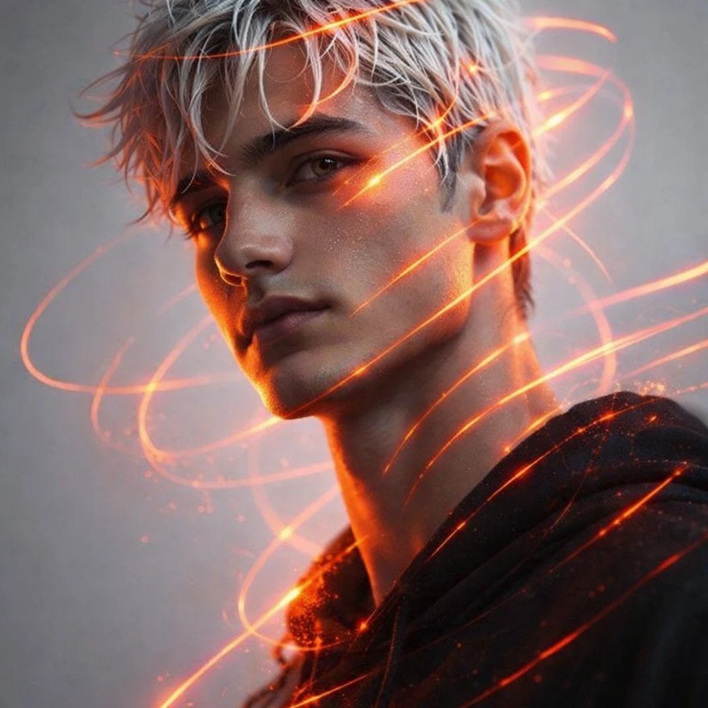 Retrato de un hombre de 21 años de apariencia masculina, con rasgos faciales definidos y cabello blanco peinado con efecto mojado.