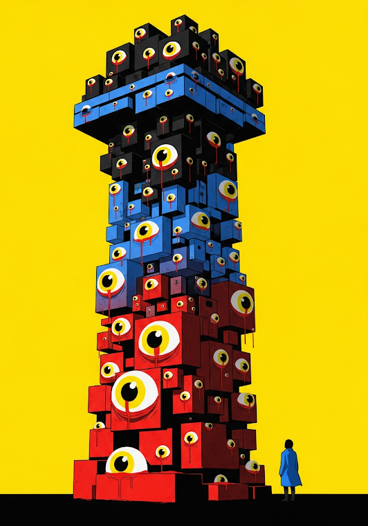 Surreal Tower of Eyes and Small Figure