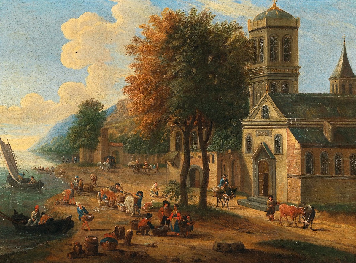 Coastal landscape with fishermen unloading their catch