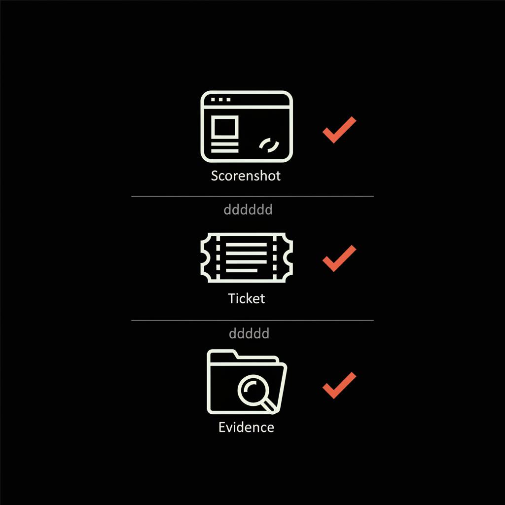 Minimal 2D vector checklist infographic with icons for screenshot, ticket and evidence on black background in Social Success Hub colors — Google reviews removed February 2025