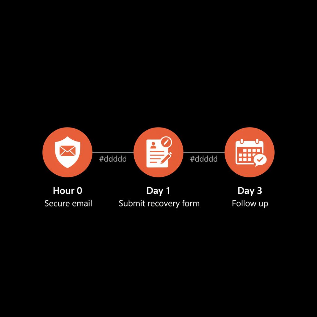 Minimal vector infographic showing a three-step account recovery timeline: Hour 0 secure email, Day 1 submit recovery form, Day 3 follow up on a black background.