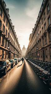 Sunny Morning on a Narrow European City Street with Bicycles and Pedestrian