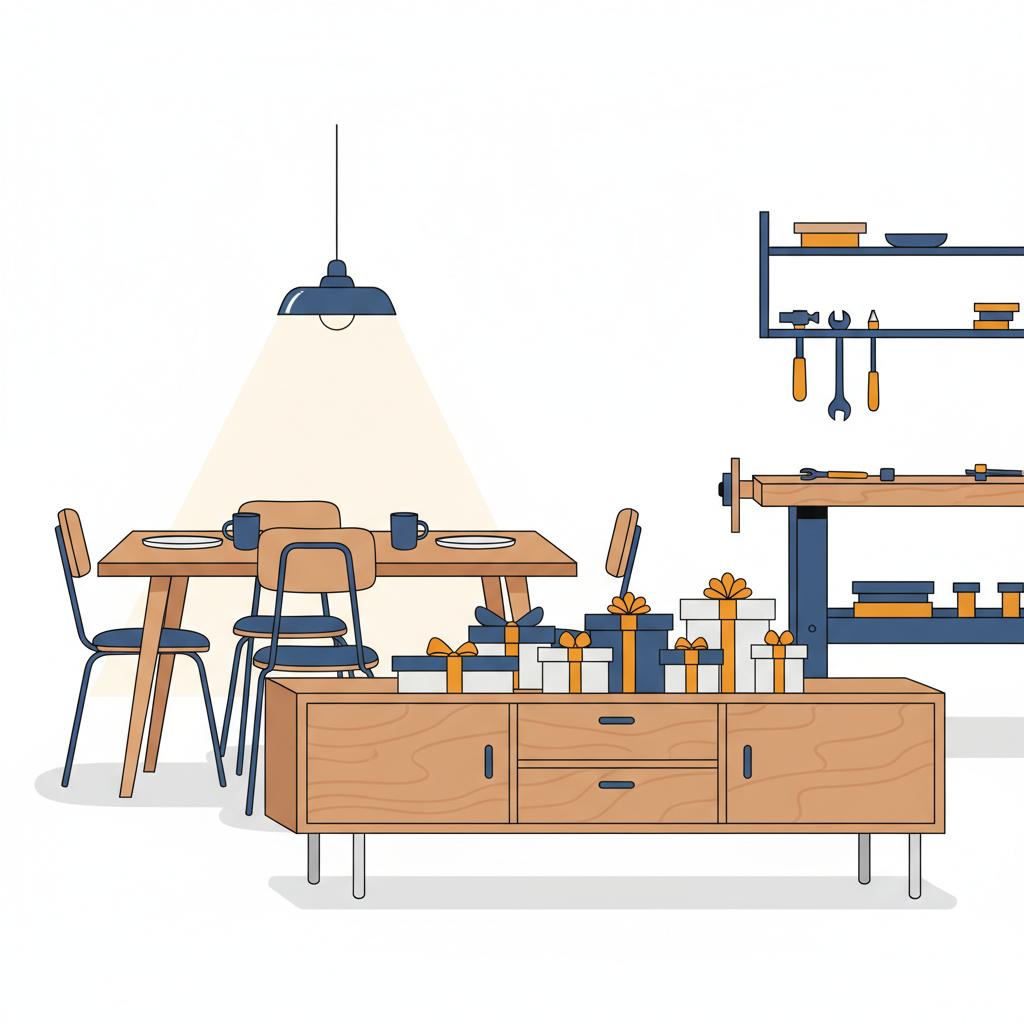 Minimalistische 2D-Vektor-Illustration eines gemütlichen Wohnzimmers mit industriellen Metalldetails, Holzoberflächen und Geschenken auf einer Ablage – geschenkideen für schwiegertochter