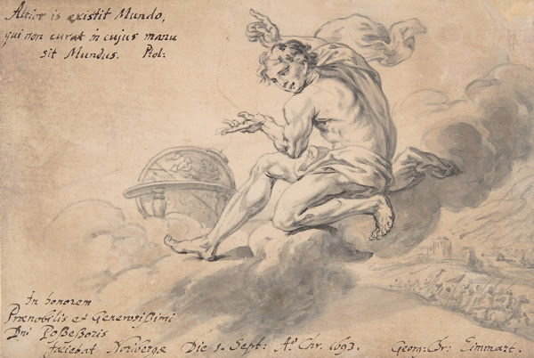 Man Sitting on a Cloud Above a Battlefield Pointing to a Globe 1693
