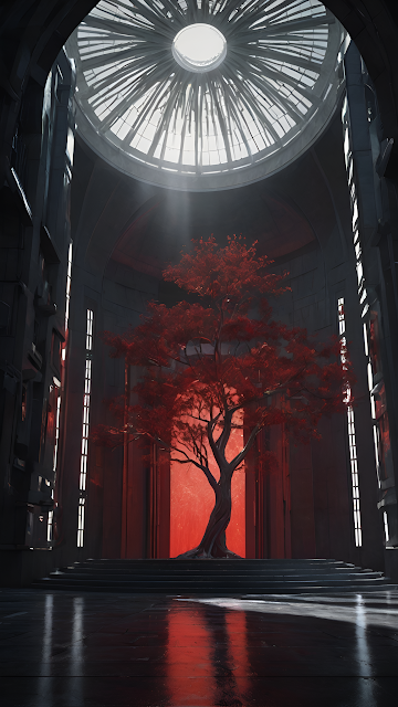 Brutalist Temple Red Tree Sci Fi Architecture Dramatic - Free mobile Wallpaper