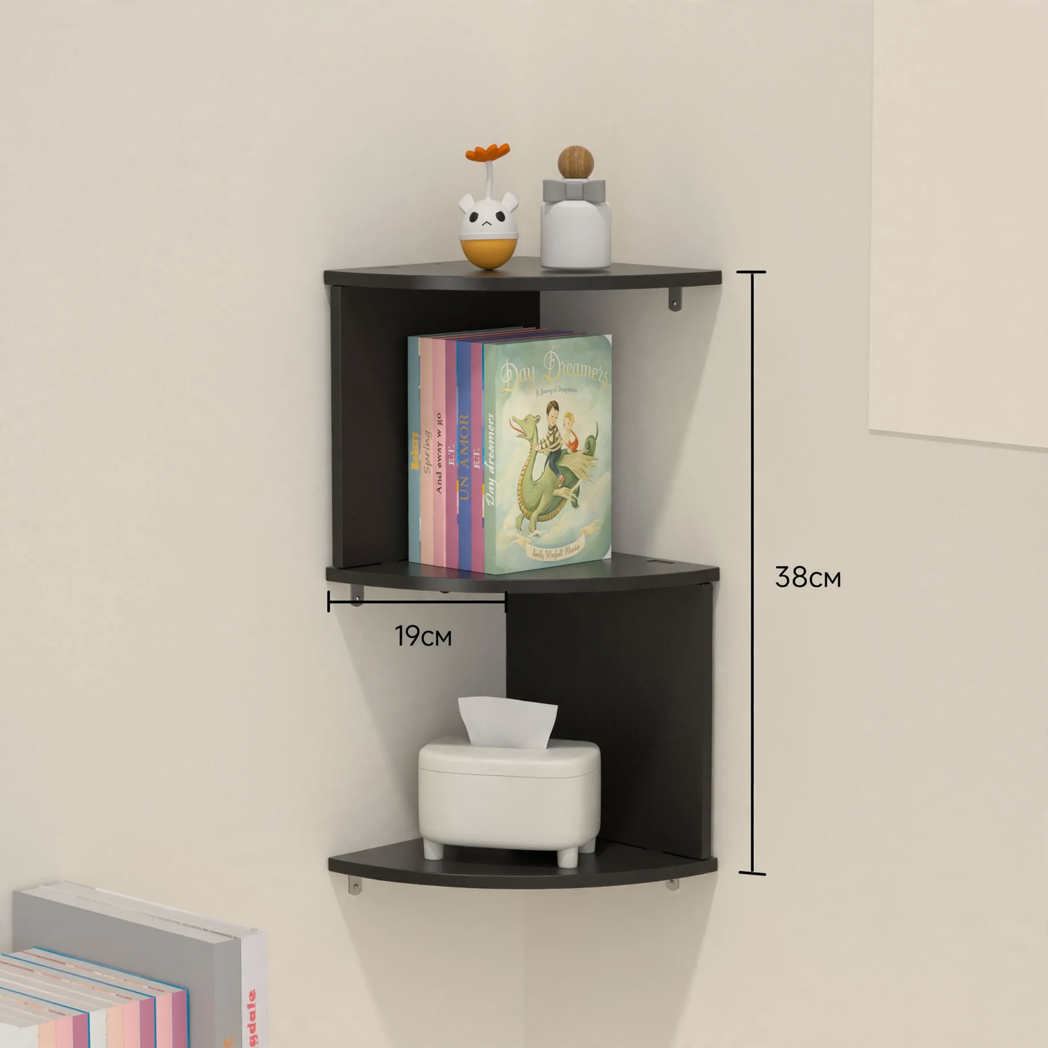 Corner wall shelf made of dense plywood, multi-layered